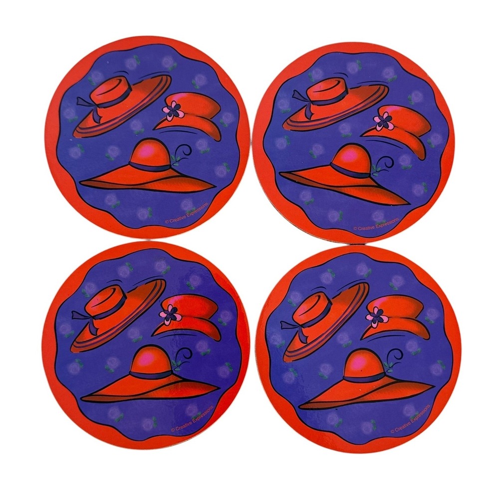 Red Hat Society Cork Backed Coasters Creative Expressions Set of 4 Red Purple